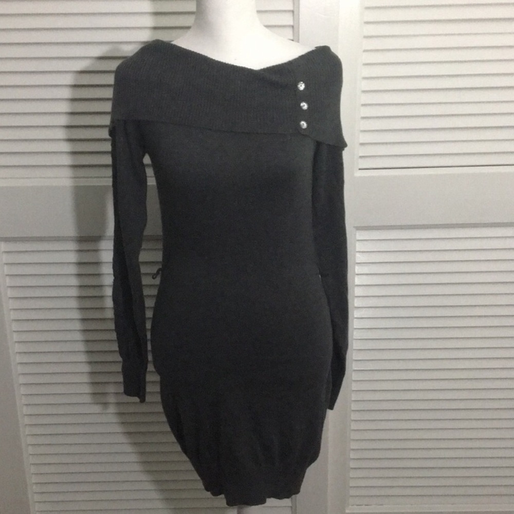 Knit Off-Shoulder Mini Dress with Button Detail - Charcoal Gray